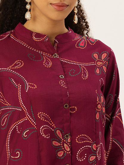 Maroon Printed Kurta with Trousers & With Dupatta