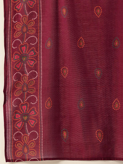 Maroon Printed Kurta with Trousers & With Dupatta
