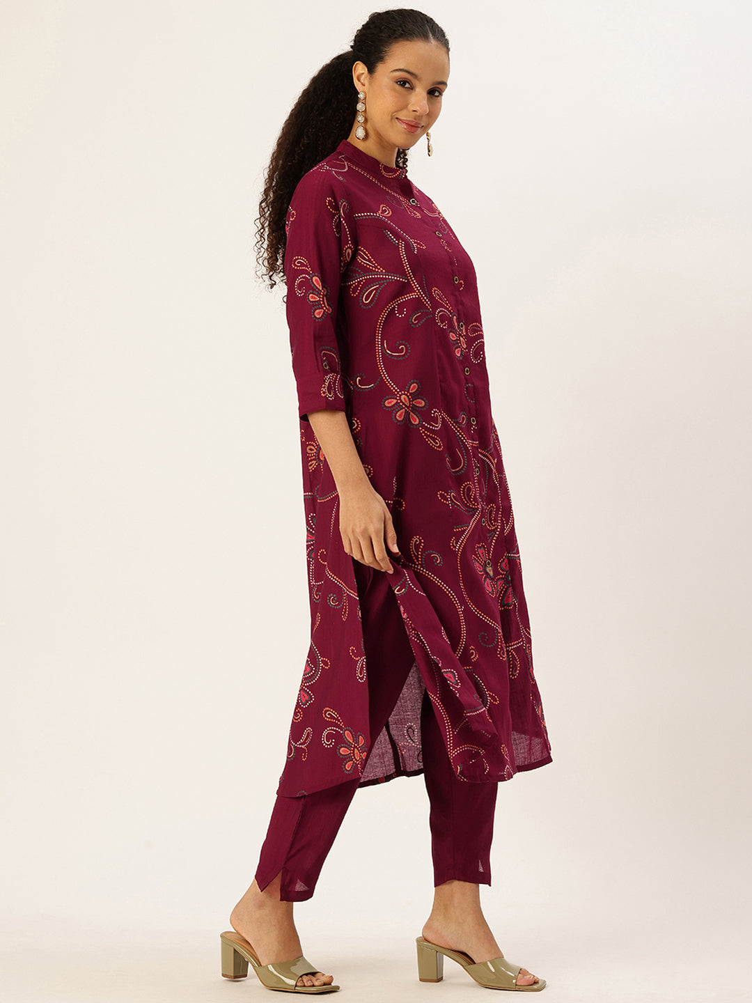 Maroon Printed Kurta with Trousers & With Dupatta