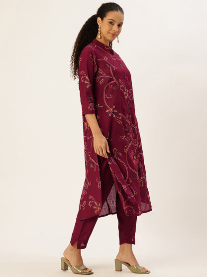 Maroon Printed Kurta with Trousers & With Dupatta