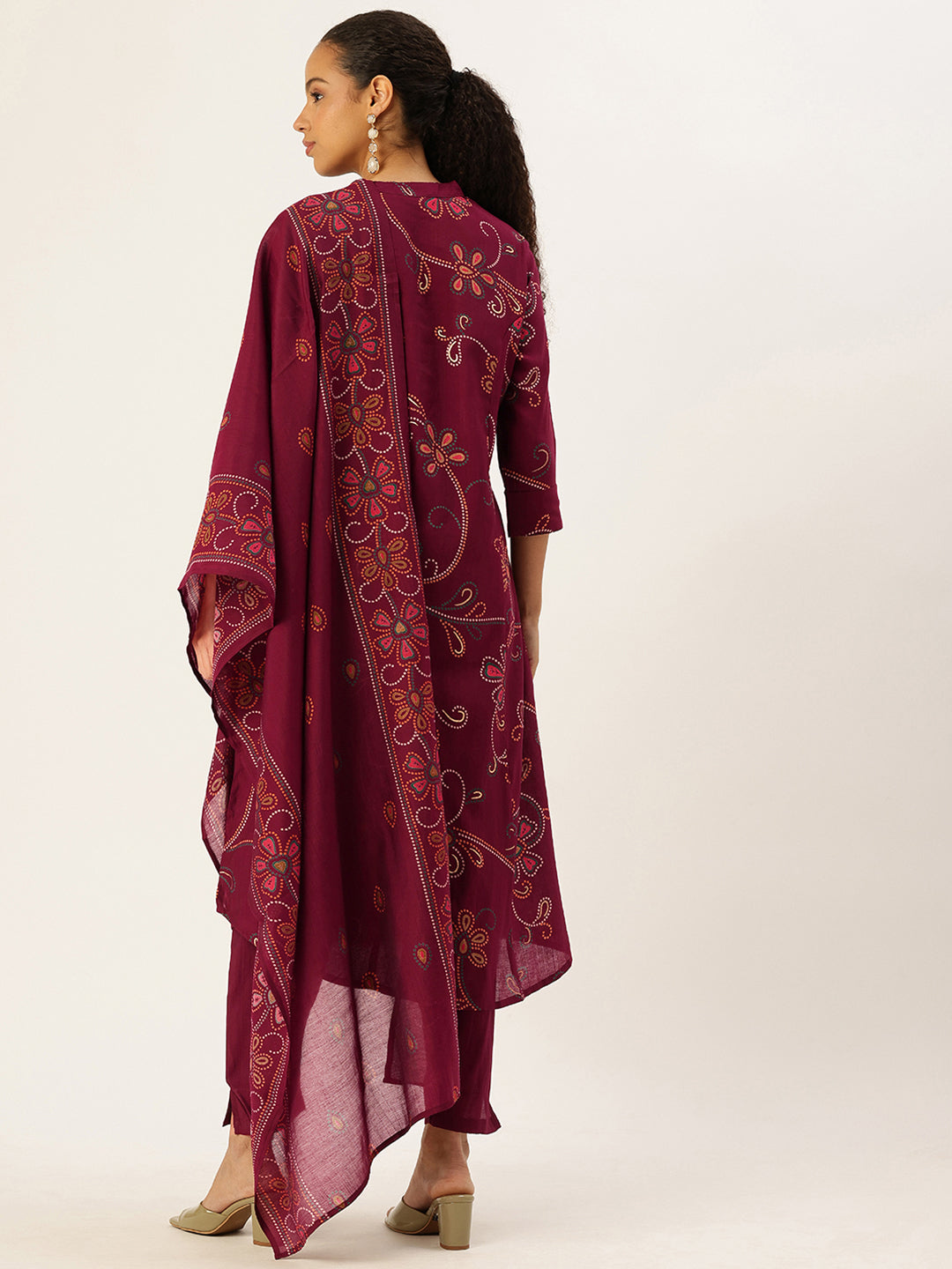 Maroon Printed Kurta with Trousers & With Dupatta