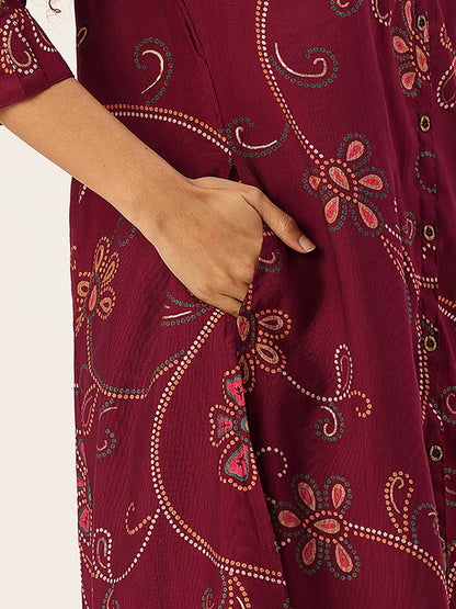 Maroon Printed Kurta with Trousers & With Dupatta