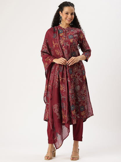 Maroon Floral Printed Kurta with Trousers & With Dupatta, Floral Printed Kurta Set, Ethnic Wear Kurta Set, Dupatta Set, Festive Wear Kurti Set