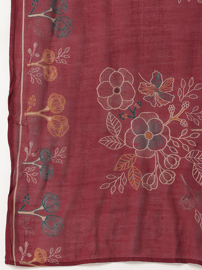 Maroon Floral Printed Kurta with Trousers & With Dupatta, Floral Printed Kurta Set, Ethnic Wear Kurta Set, Dupatta Set, Festive Wear Kurti Set