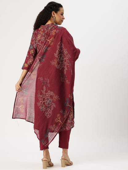 Maroon Floral Printed Kurta with Trousers & With Dupatta, Floral Printed Kurta Set, Ethnic Wear Kurta Set, Dupatta Set, Festive Wear Kurti Set