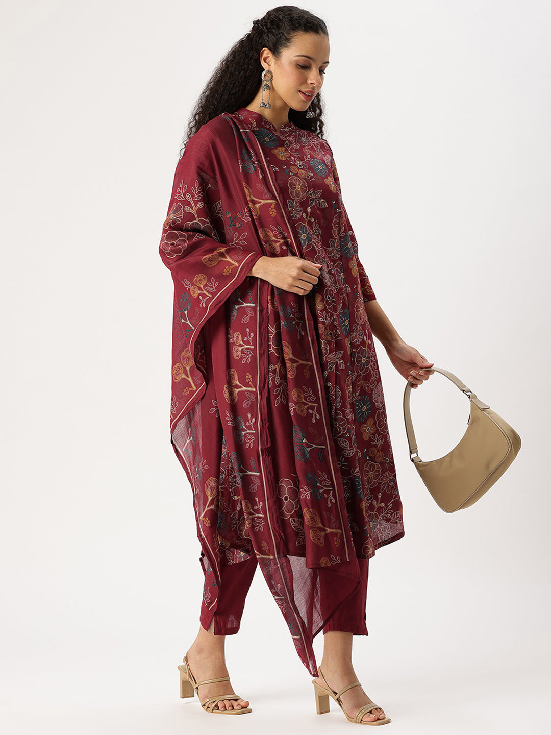 Maroon Floral Printed Kurta with Trousers & With Dupatta, Floral Printed Kurta Set, Ethnic Wear Kurta Set, Dupatta Set, Festive Wear Kurti Set
