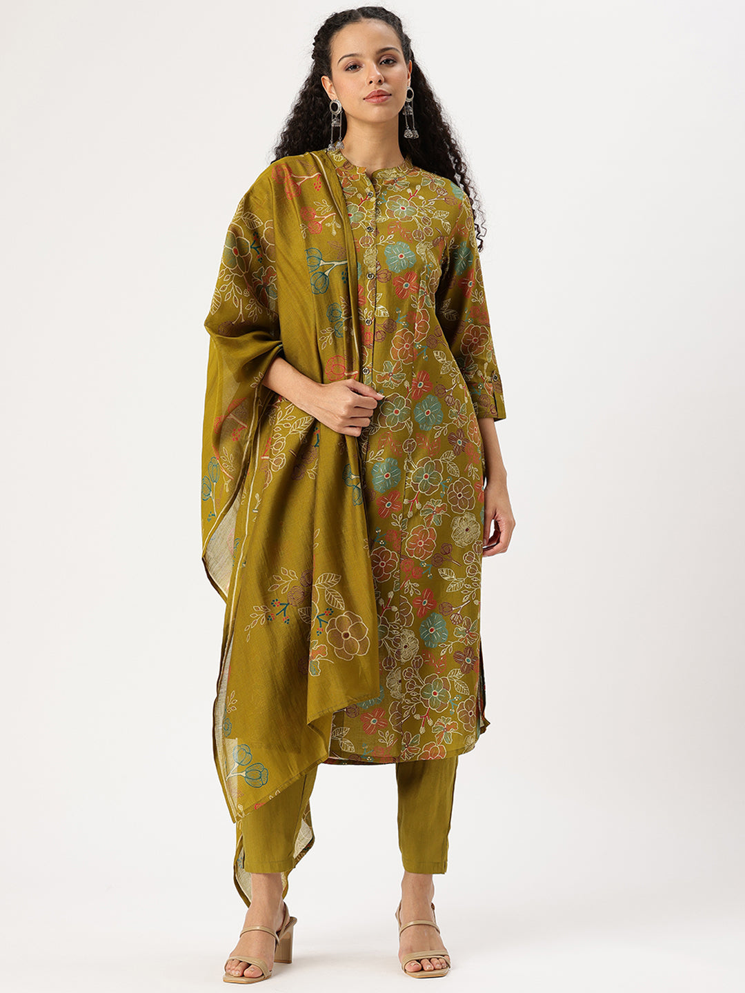 Olive Floral Printed Kurta with Trousers & With Dupatta