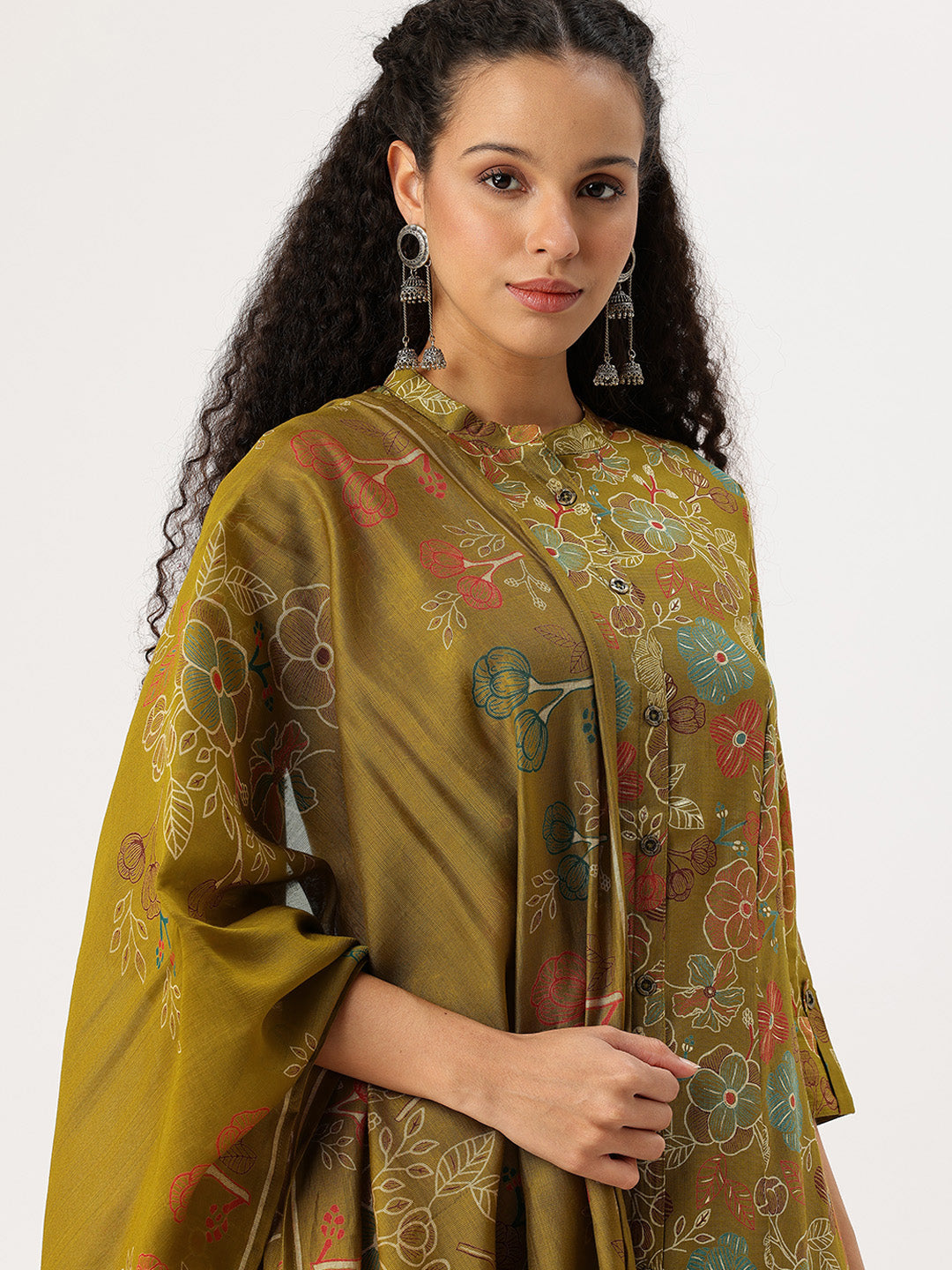 Olive Floral Printed Kurta with Trousers & With Dupatta, Floral Printed Kurta Set, Ethnic Wear Kurta Set, Dupatta Set, Festive Wear Kurti Set