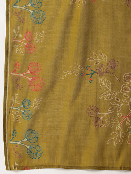 Olive Floral Printed Kurta with Trousers & With Dupatta, Floral Printed Kurta Set, Ethnic Wear Kurta Set, Dupatta Set, Festive Wear Kurti Set
