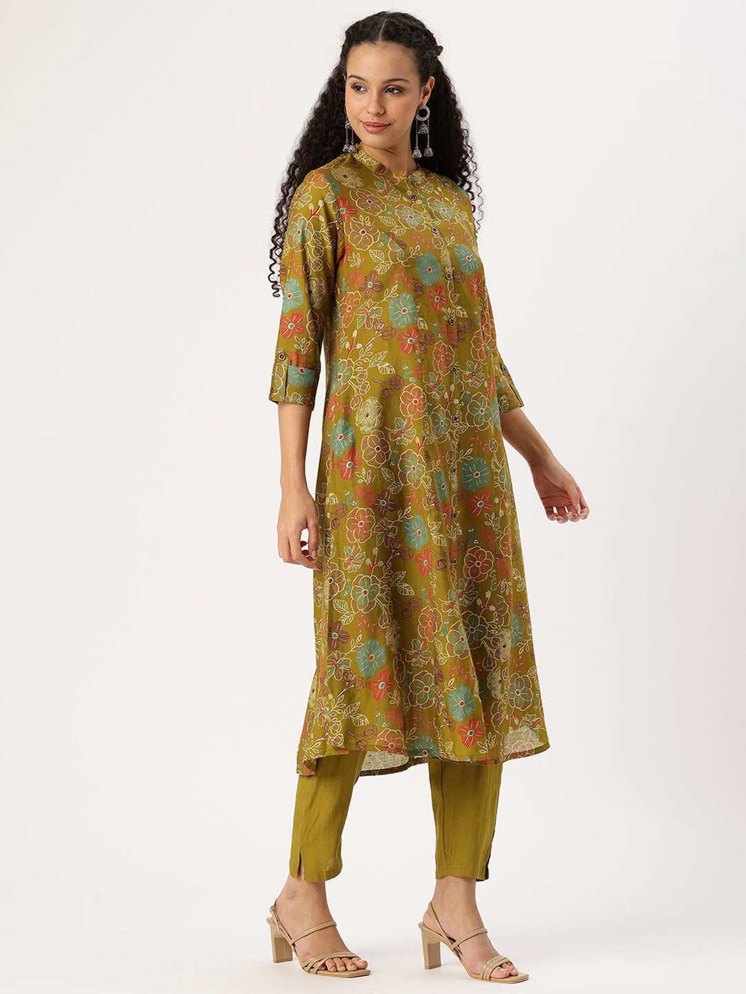 Olive Floral Printed Kurta with Trousers & With Dupatta, Floral Printed Kurta Set, Ethnic Wear Kurta Set, Dupatta Set, Festive Wear Kurti Set