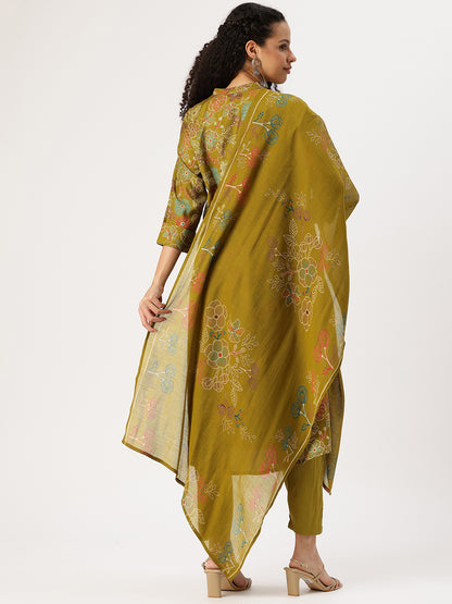 Olive Floral Printed Kurta with Trousers & With Dupatta, Floral Printed Kurta Set, Ethnic Wear Kurta Set, Dupatta Set, Festive Wear Kurti Set