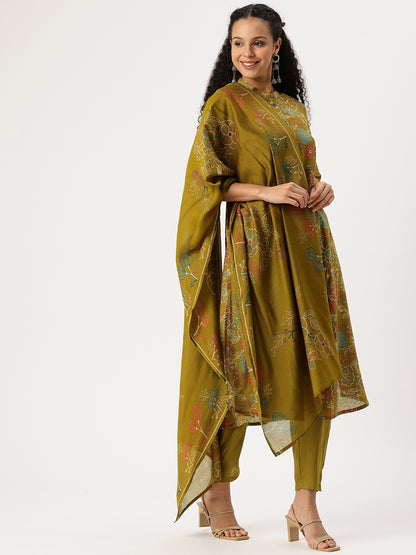 Olive Floral Printed Kurta with Trousers & With Dupatta, Floral Printed Kurta Set, Ethnic Wear Kurta Set, Dupatta Set, Festive Wear Kurti Set