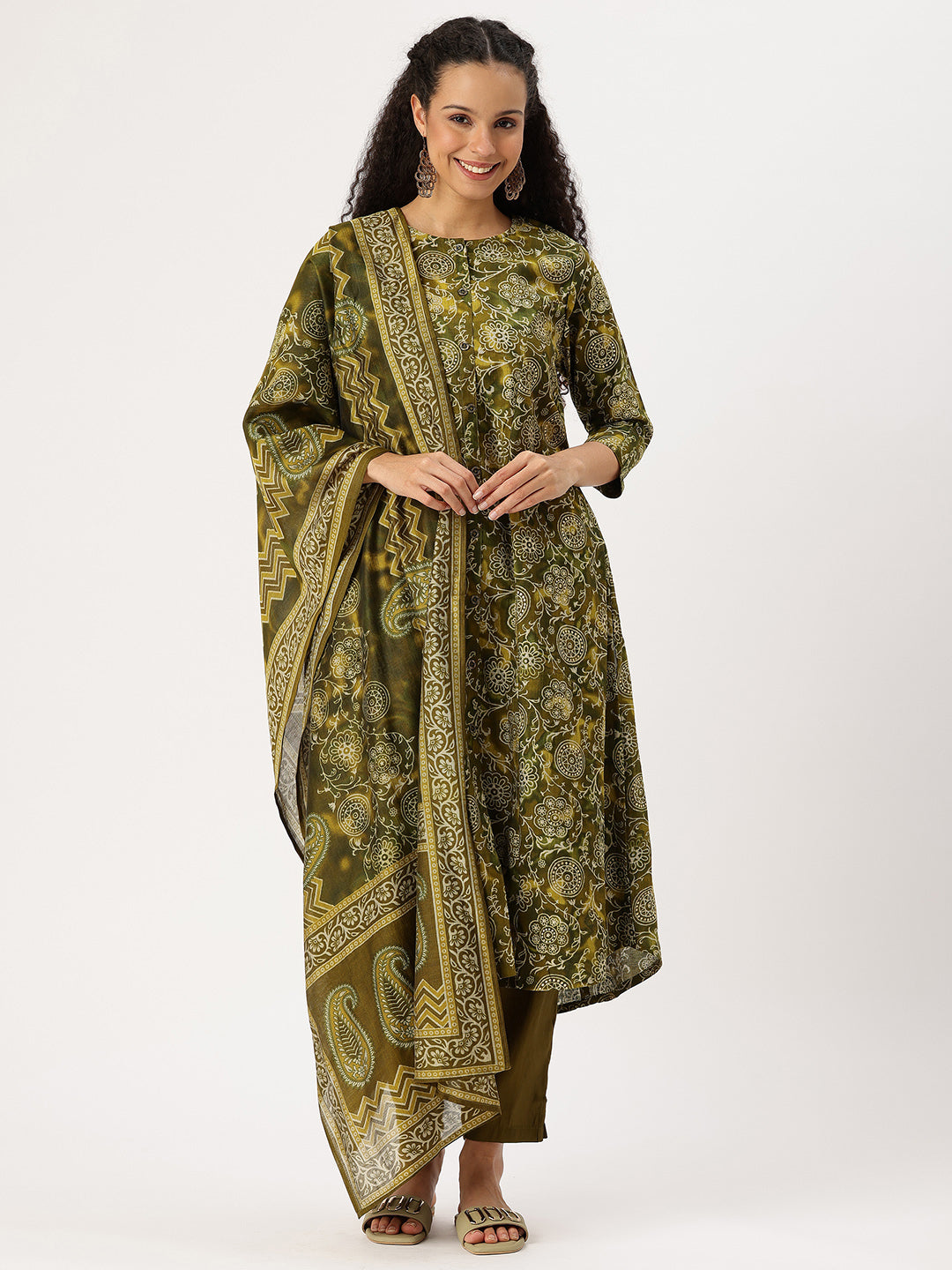 Olive Ethnic Motifs Printed Kurta with Trousers & With Dupatta