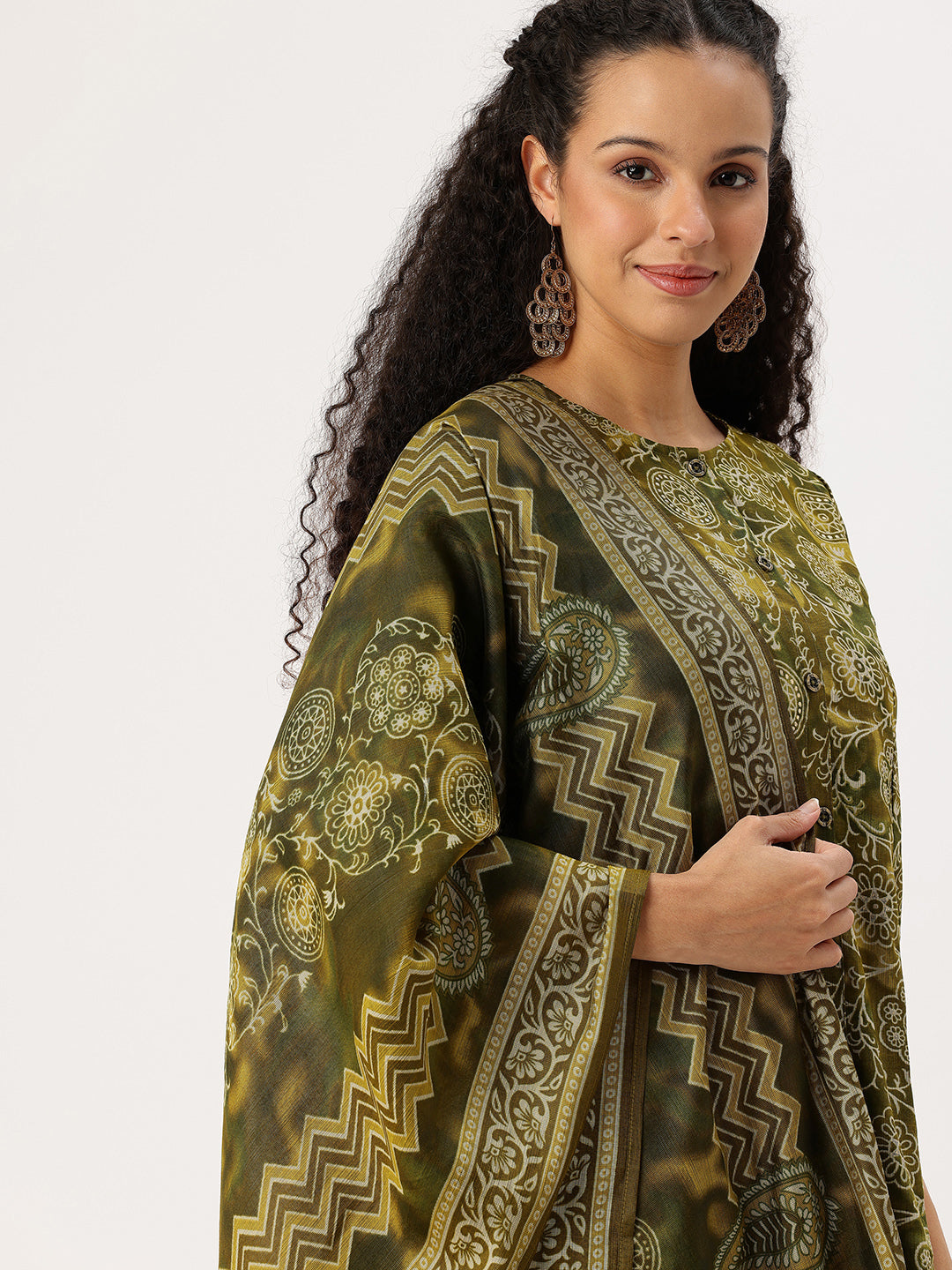 Olive Ethnic Motifs Printed Kurta with Trousers & With Dupatta