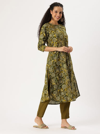 Olive Ethnic Motifs Printed Kurta with Trousers & With Dupatta