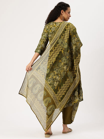 Olive Ethnic Motifs Printed Kurta with Trousers & With Dupatta