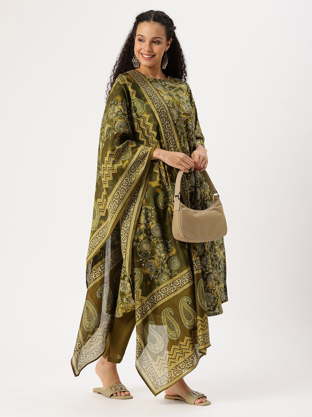 Olive Ethnic Motifs Printed Kurta with Trousers & With Dupatta