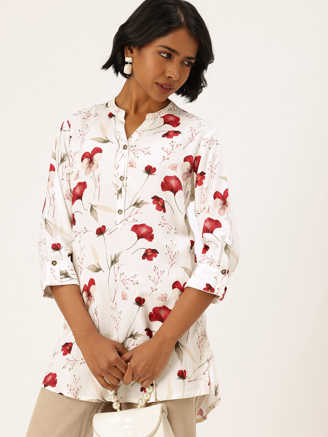 White Floral Printed Mandarin Collar Tunic, floral print tunic, mandarin collar tunic, women’s tunic, white color tunic, office wear tunic