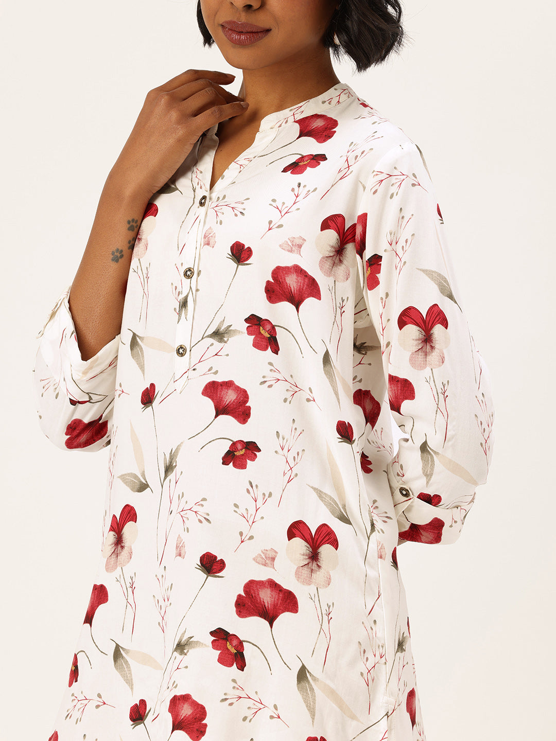 White Floral Printed Mandarin Collar Tunic, floral print tunic, mandarin collar tunic, women’s tunic, white color tunic, office wear tunic