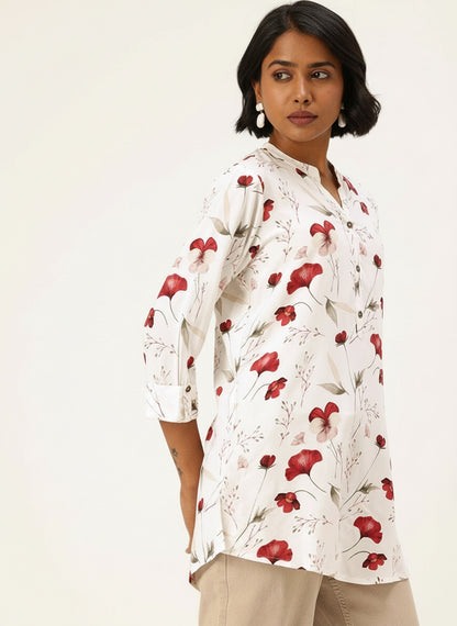 White Floral Printed Mandarin Collar Tunic, floral print tunic, mandarin collar tunic, women’s tunic, white color tunic, office wear tunic