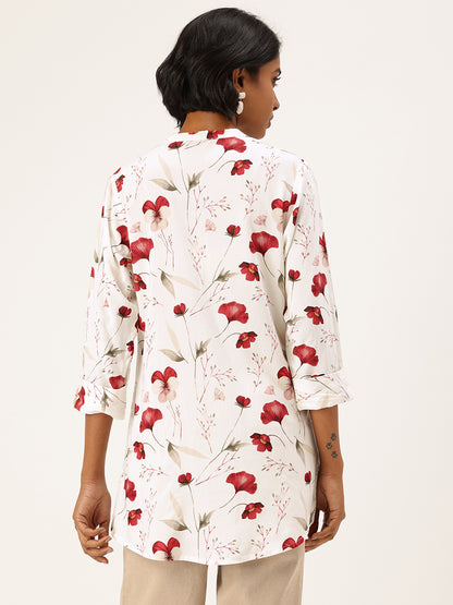 White Floral Printed Mandarin Collar Tunic, floral print tunic, mandarin collar tunic, women’s tunic, white color tunic, office wear tunic