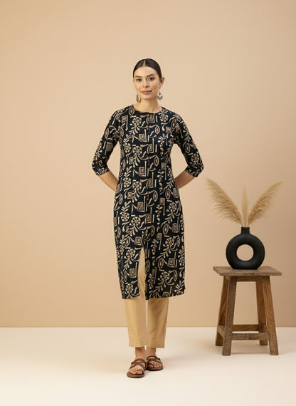 Navy Blue Printed Kurta, Tribal Printed Kurta, Ethnic Wear Kurta, Ethnic Printed Kurta, Round Neck Kurta, A-Line Kurta