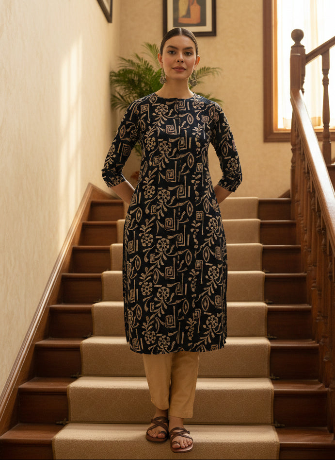 Navy Blue Tribal Motifs Printed Kurta