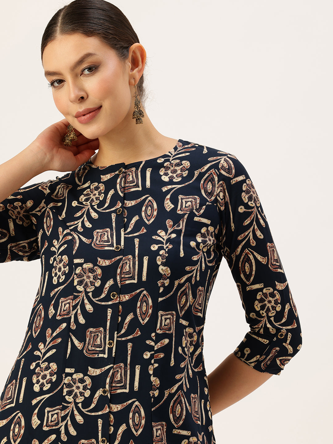 Navy Blue Printed Kurta, Tribal Printed Kurta, Ethnic Wear Kurta, Ethnic Printed Kurta, Round Neck Kurta, A-Line Kurta