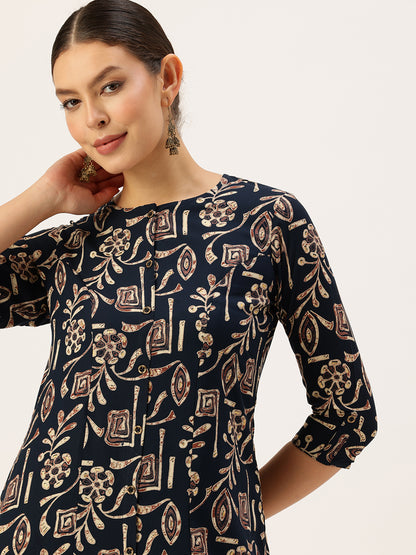 Navy Blue Printed Kurta, Tribal Printed Kurta, Ethnic Wear Kurta, Ethnic Printed Kurta, Round Neck Kurta, A-Line Kurta