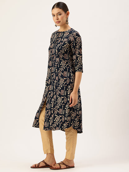 Navy Blue Printed Kurta, Tribal Printed Kurta, Ethnic Wear Kurta, Ethnic Printed Kurta, Round Neck Kurta, A-Line Kurta