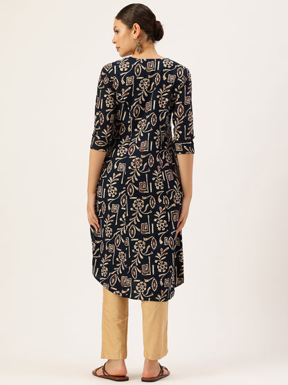 Navy Blue Printed Kurta, Tribal Printed Kurta, Ethnic Wear Kurta, Ethnic Printed Kurta, Round Neck Kurta, A-Line Kurta