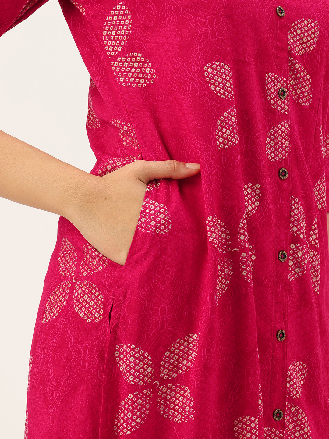 Pink geometric print,Pink Geometric Printed Kurta,Pink A-line Kurta,Pink Round-Neck Kurta,Pink Casual Ethnic Kurta