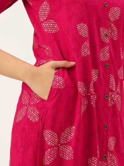 Pink geometric print,Pink Geometric Printed Kurta,Pink A-line Kurta,Pink Round-Neck Kurta,Pink Casual Ethnic Kurta