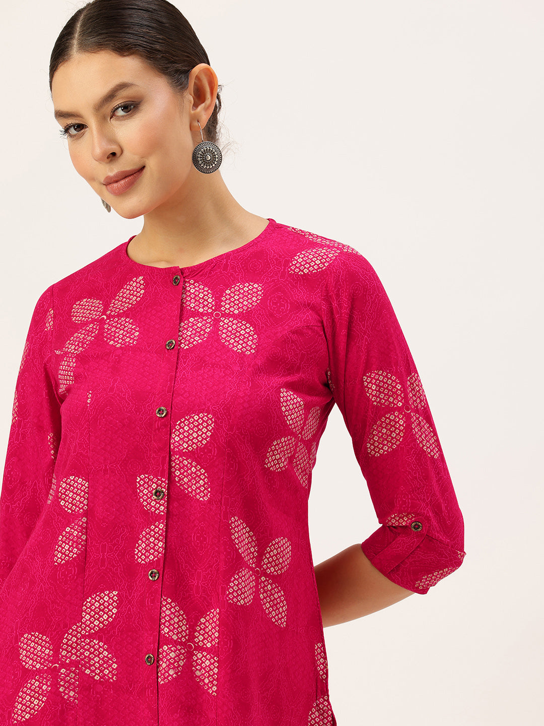 Pink geometric print,Pink Geometric Printed Kurta,Pink A-line Kurta,Pink Round-Neck Kurta,Pink Casual Ethnic Kurta