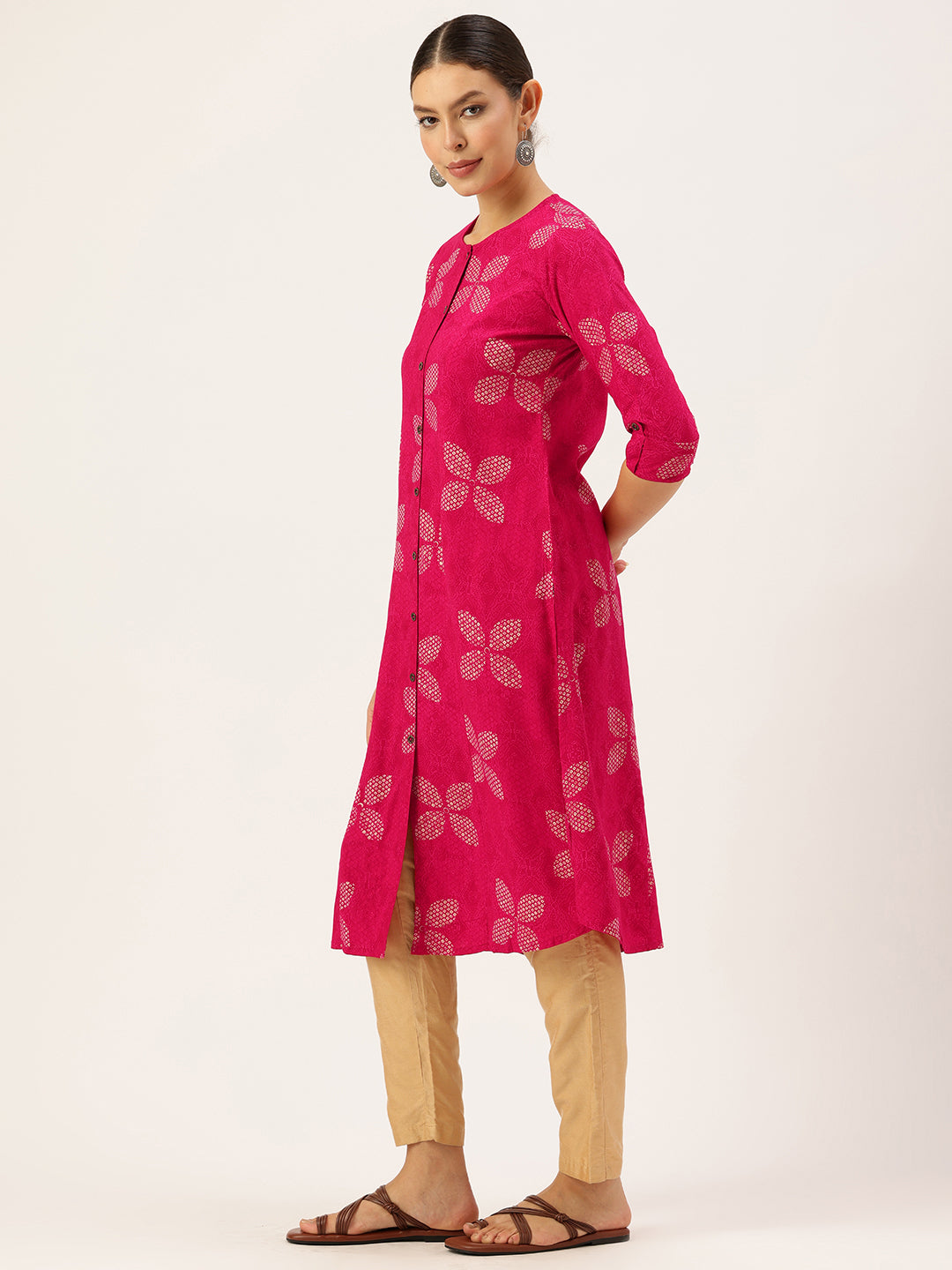 Pink geometric print,Pink Geometric Printed Kurta,Pink A-line Kurta,Pink Round-Neck Kurta,Pink Casual Ethnic Kurta