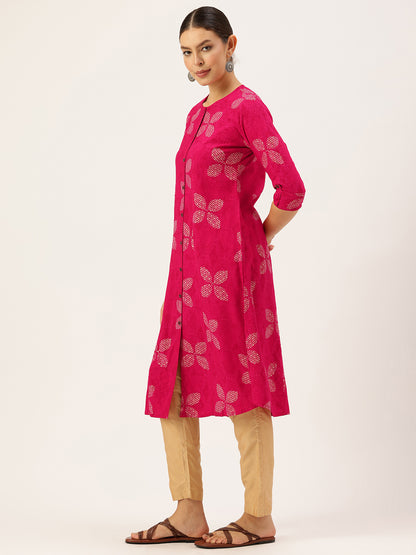 Pink geometric print,Pink Geometric Printed Kurta,Pink A-line Kurta,Pink Round-Neck Kurta,Pink Casual Ethnic Kurta