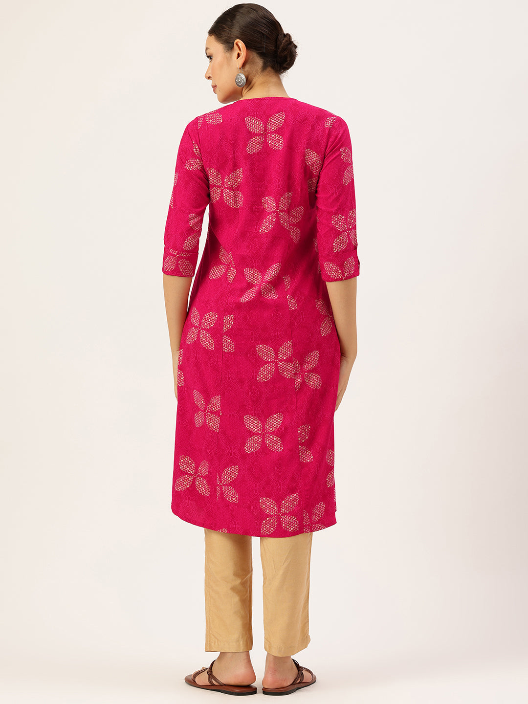Pink geometric print,Pink Geometric Printed Kurta,Pink A-line Kurta,Pink Round-Neck Kurta,Pink Casual Ethnic Kurta