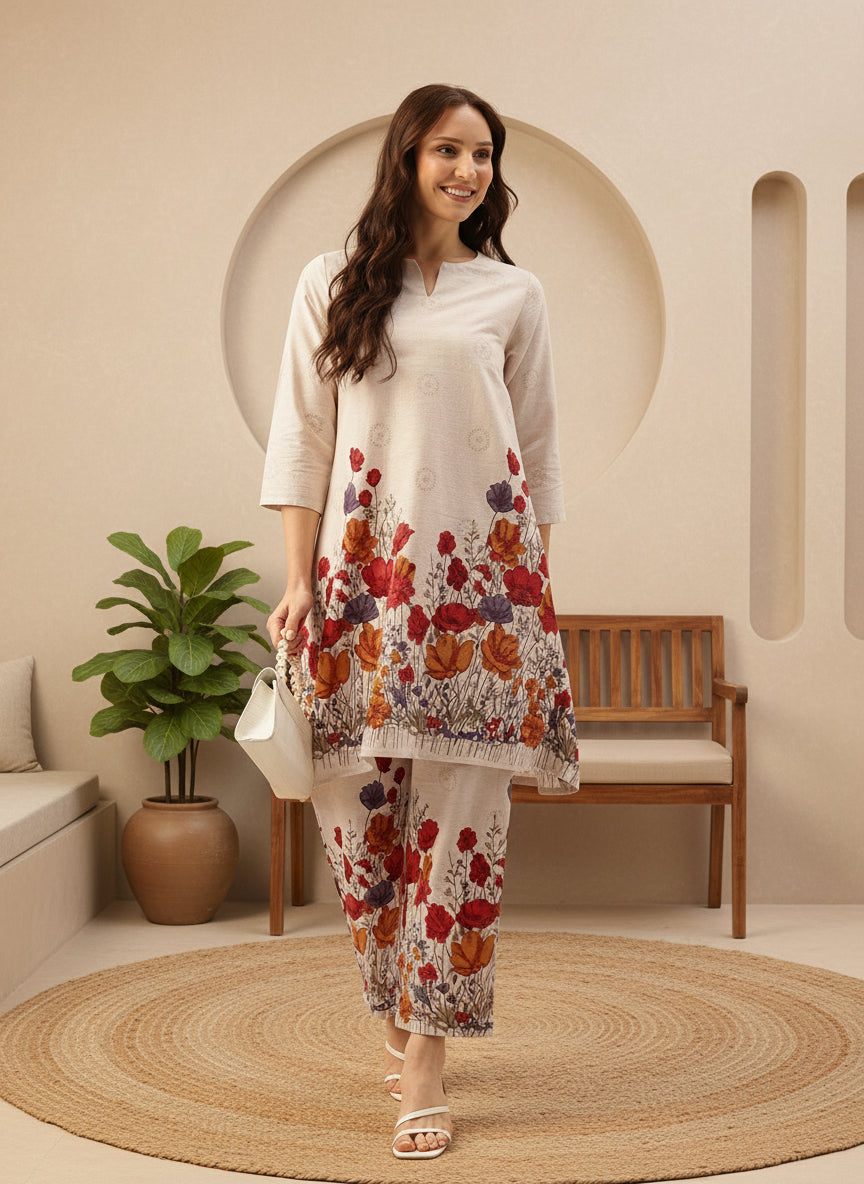 Beige Floral Printed Cotton Linen Tunic with Palazzos Co-Ords, Two Piece Set, Beige Floral Printed Tunic with Palazzos, Kurta Set, Kurti Set, Ethnic Wear Kurta Set
