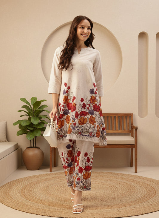 Beige Floral Printed Cotton Linen Tunic with Palazzos Co-Ords, Two Piece Set, Beige Floral Printed Tunic with Palazzos, Kurta Set, Kurti Set, Ethnic Wear Kurta Set