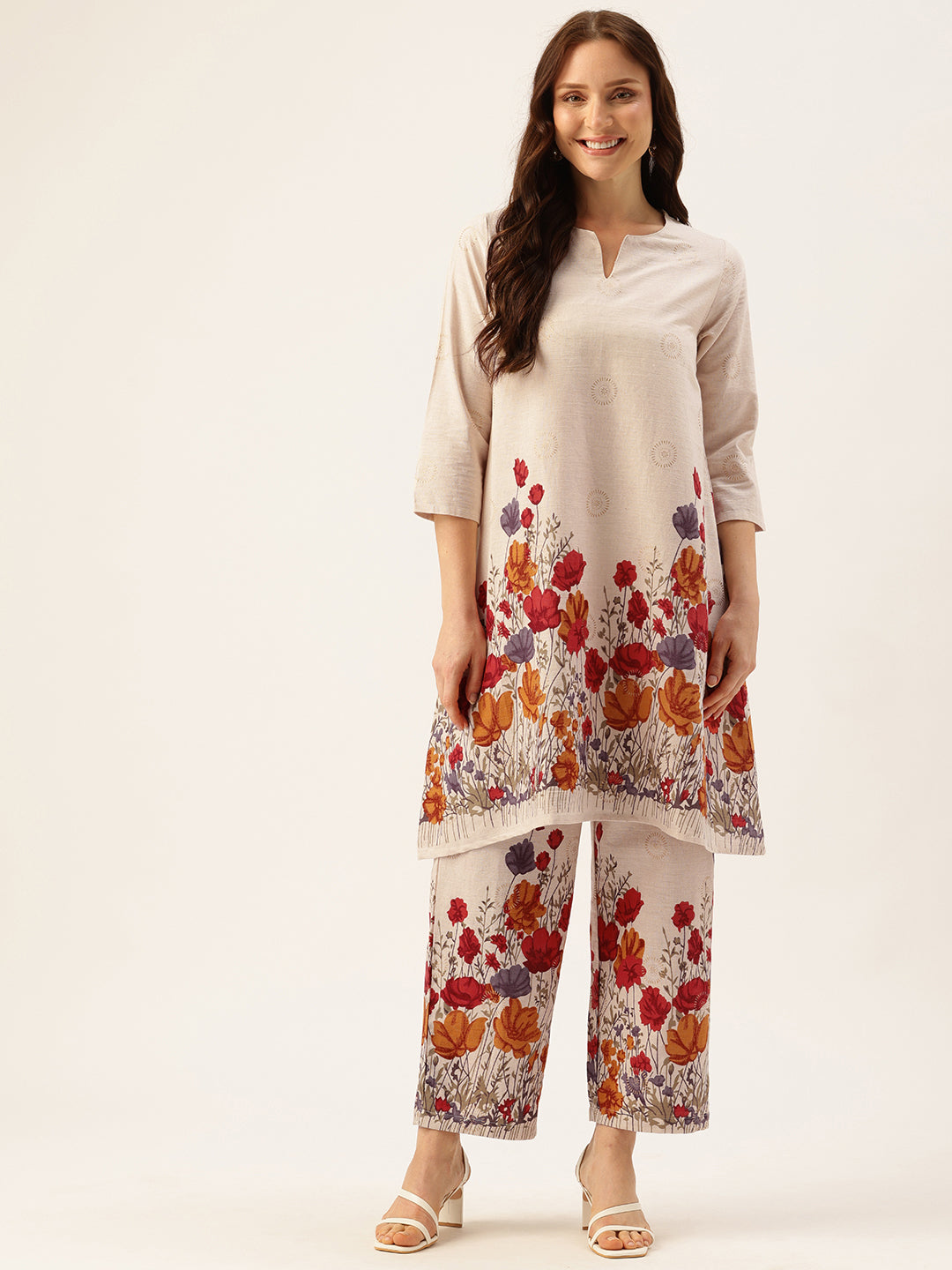 Beige Floral Printed Cotton Linen Tunic with Palazzos Co-Ords, Two Piece Set, Beige Floral Printed Tunic with Palazzos, Kurta Set, Kurti Set, Ethnic Wear Kurta Set