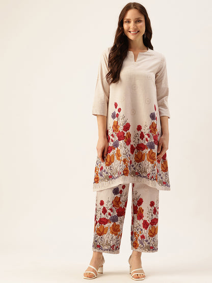Beige Floral Printed Cotton Linen Tunic with Palazzos Co-Ords, Two Piece Set, Beige Floral Printed Tunic with Palazzos, Kurta Set, Kurti Set, Ethnic Wear Kurta Set