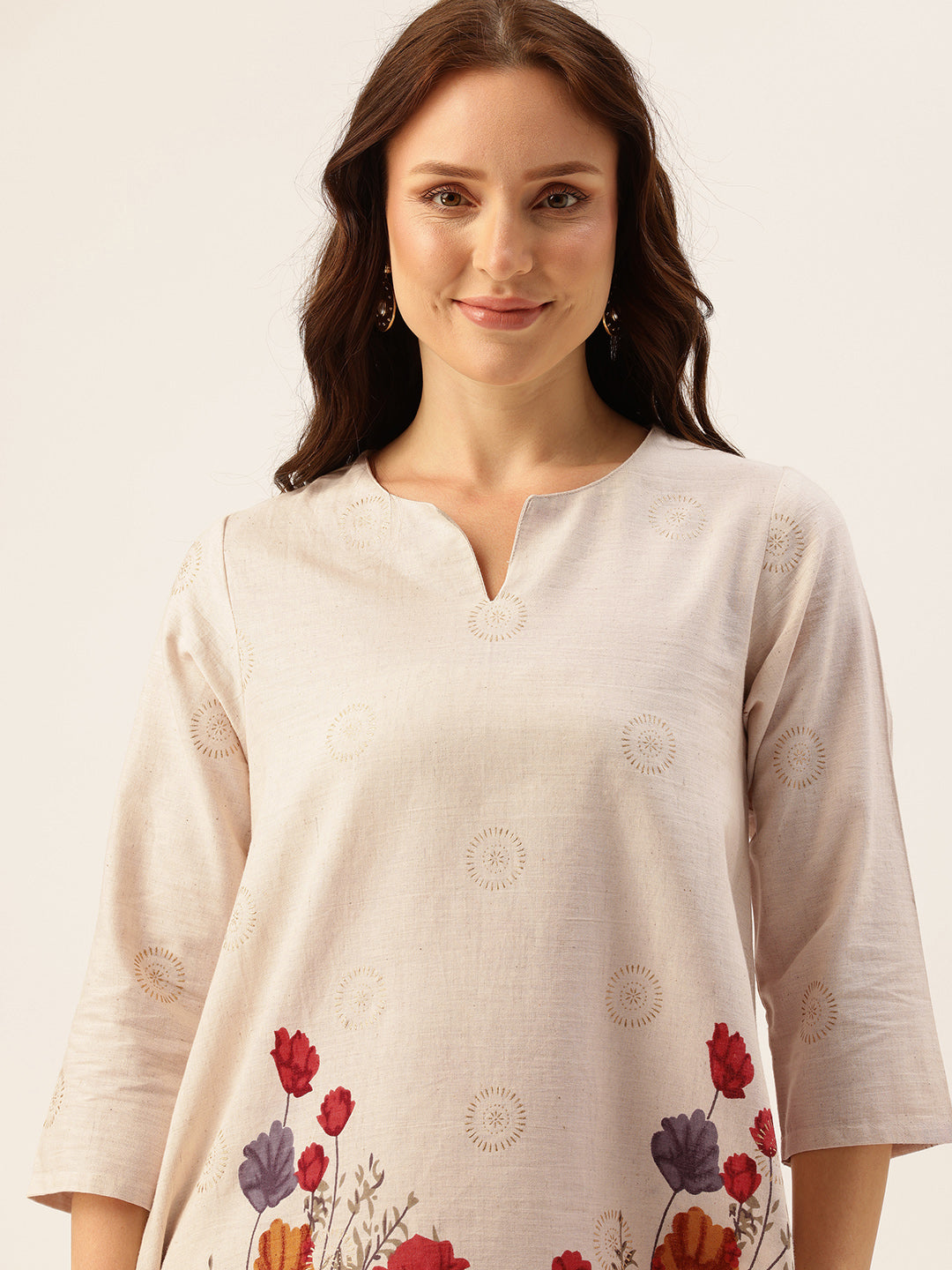 Beige Floral Printed Cotton Linen Tunic with Palazzos Co-Ords, Two Piece Set, Beige Floral Printed Tunic with Palazzos, Kurta Set, Kurti Set, Ethnic Wear Kurta Set