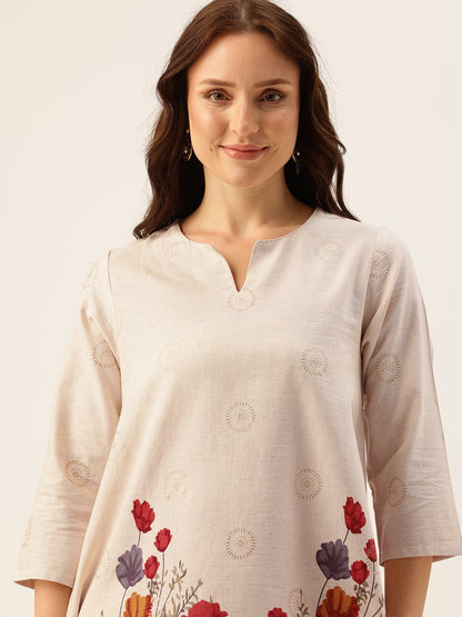 Beige Floral Printed Cotton Linen Tunic with Palazzos Co-Ords, Two Piece Set, Beige Floral Printed Tunic with Palazzos, Kurta Set, Kurti Set, Ethnic Wear Kurta Set