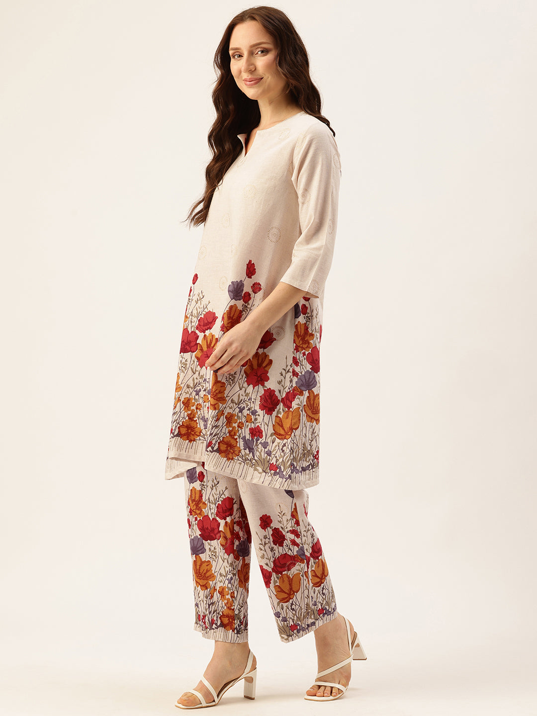 Beige Floral Printed Cotton Linen Tunic with Palazzos Co-Ords, Two Piece Set, Beige Floral Printed Tunic with Palazzos, Kurta Set, Kurti Set, Ethnic Wear Kurta Set