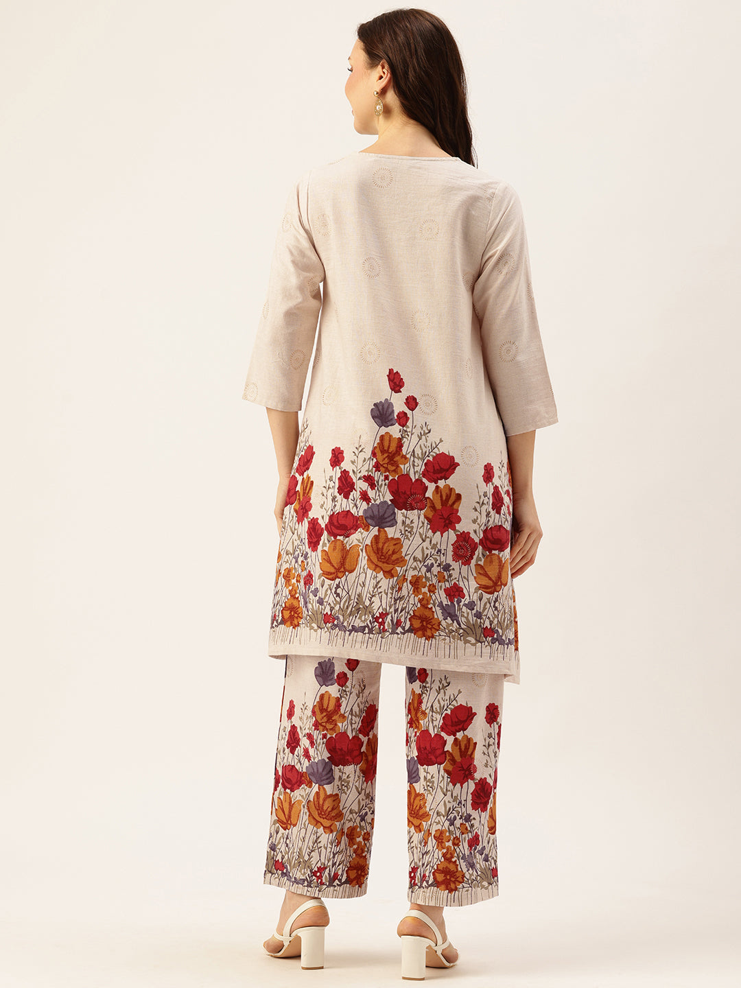 Beige Floral Printed Cotton Linen Tunic with Palazzos Co-Ords, Two Piece Set, Beige Floral Printed Tunic with Palazzos, Kurta Set, Kurti Set, Ethnic Wear Kurta Set