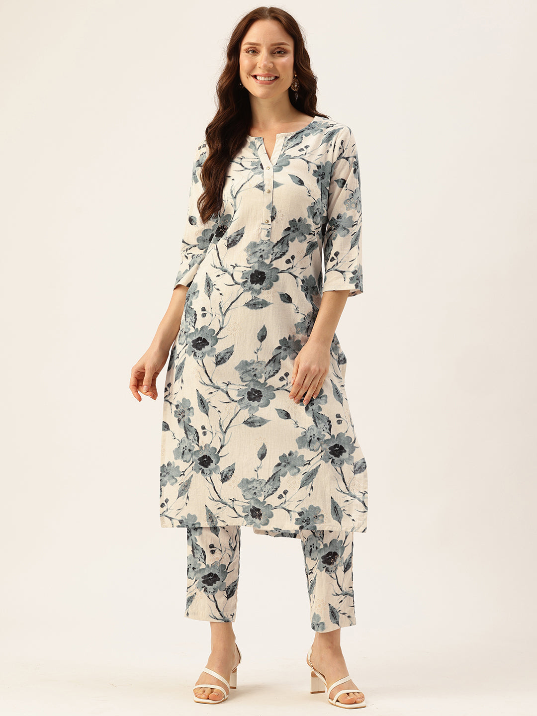 Blue Floral Printed Kurta With Trousers, Floral Printed Cotton Linen Tunic with Palazzos Co-Ords, Kurta Set, Kurti PlaPalazzo Set, Co-ord Set, Two Piece Set, Printed Co-ord Set