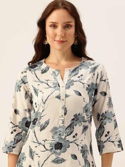 Blue Floral Printed Kurta With Trousers, Floral Printed Cotton Linen Tunic with Palazzos Co-Ords, Kurta Set, Kurti PlaPalazzo Set, Co-ord Set, Two Piece Set, Printed Co-ord Set