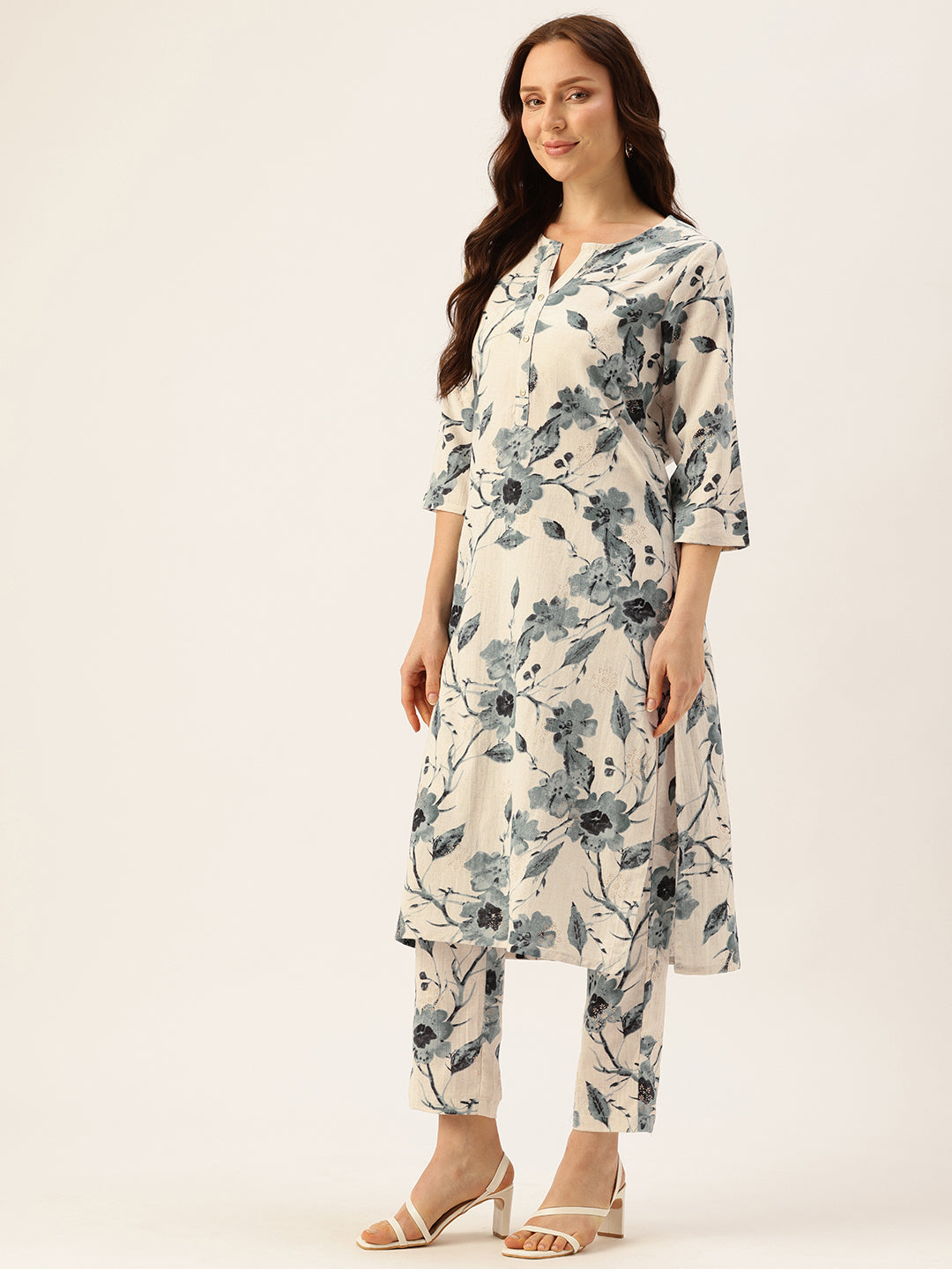Blue Floral Printed Kurta With Trousers, Floral Printed Cotton Linen Tunic with Palazzos Co-Ords, Kurta Set, Kurti PlaPalazzo Set, Co-ord Set, Two Piece Set, Printed Co-ord Set