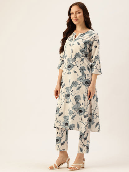 Blue Floral Printed Kurta With Trousers, Floral Printed Cotton Linen Tunic with Palazzos Co-Ords, Kurta Set, Kurti PlaPalazzo Set, Co-ord Set, Two Piece Set, Printed Co-ord Set
