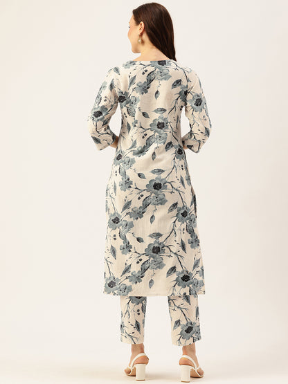 Blue Floral Printed Kurta With Trousers, Floral Printed Cotton Linen Tunic with Palazzos Co-Ords, Kurta Set, Kurti PlaPalazzo Set, Co-ord Set, Two Piece Set, Printed Co-ord Set